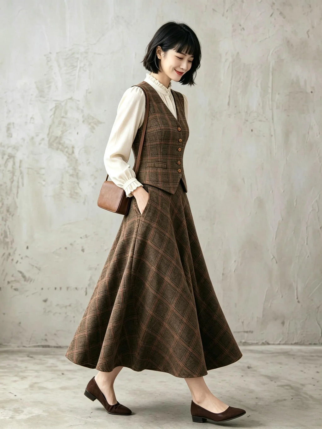 Brown Plaid Wool Blend A-Line Skirt - Vintage Ankle Length 6924