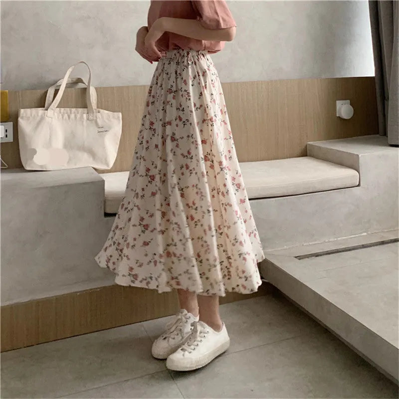 KittenAlarm - Flowers Pattern Pleated Long Casual Skirts