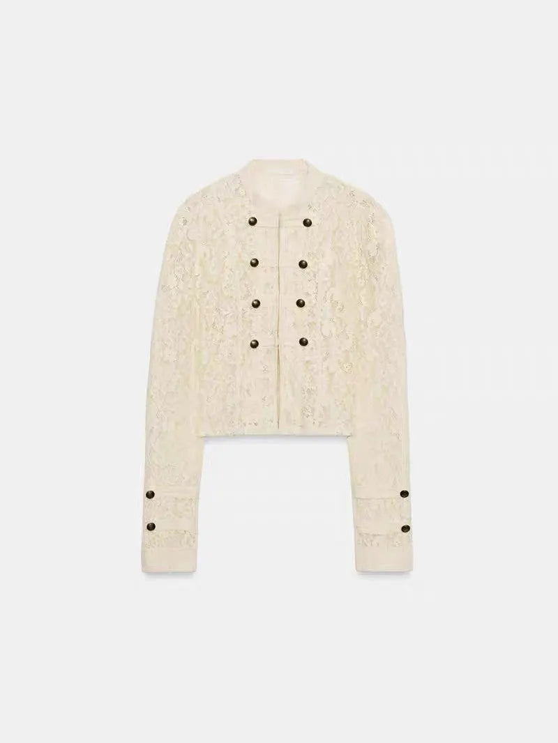 Cream Lace Double-Breasted Jacket