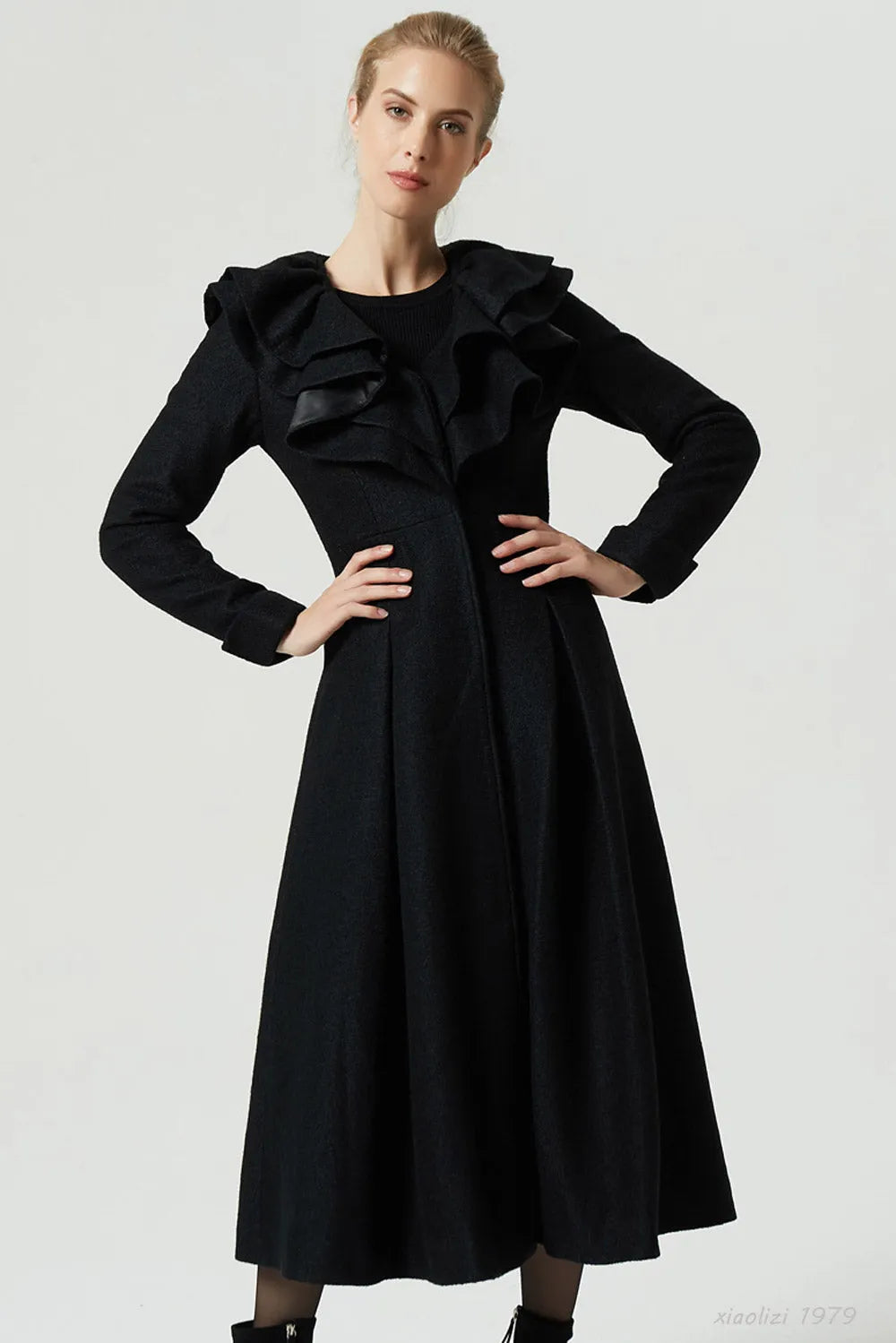 Black Wool Ruffle Coat – Handmade Feminine Fit and Flare Winter Maxi Coat 