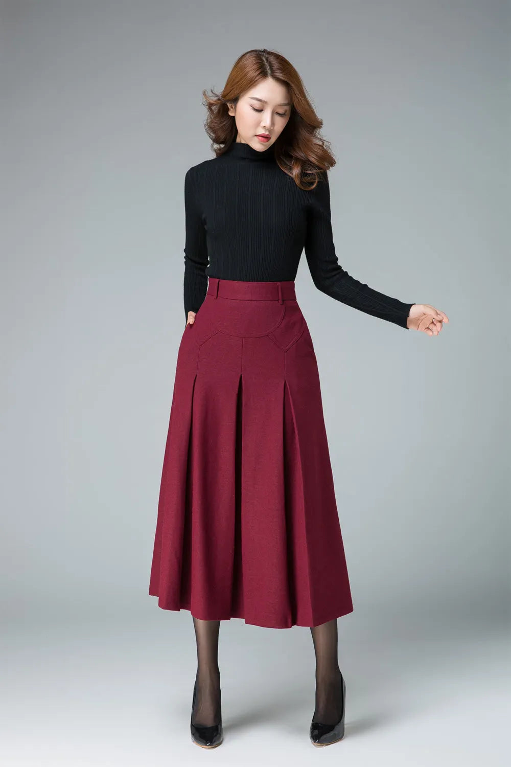 Burgundy Wool Blend Midi Skirt - A-Line Pleated Pockets 
