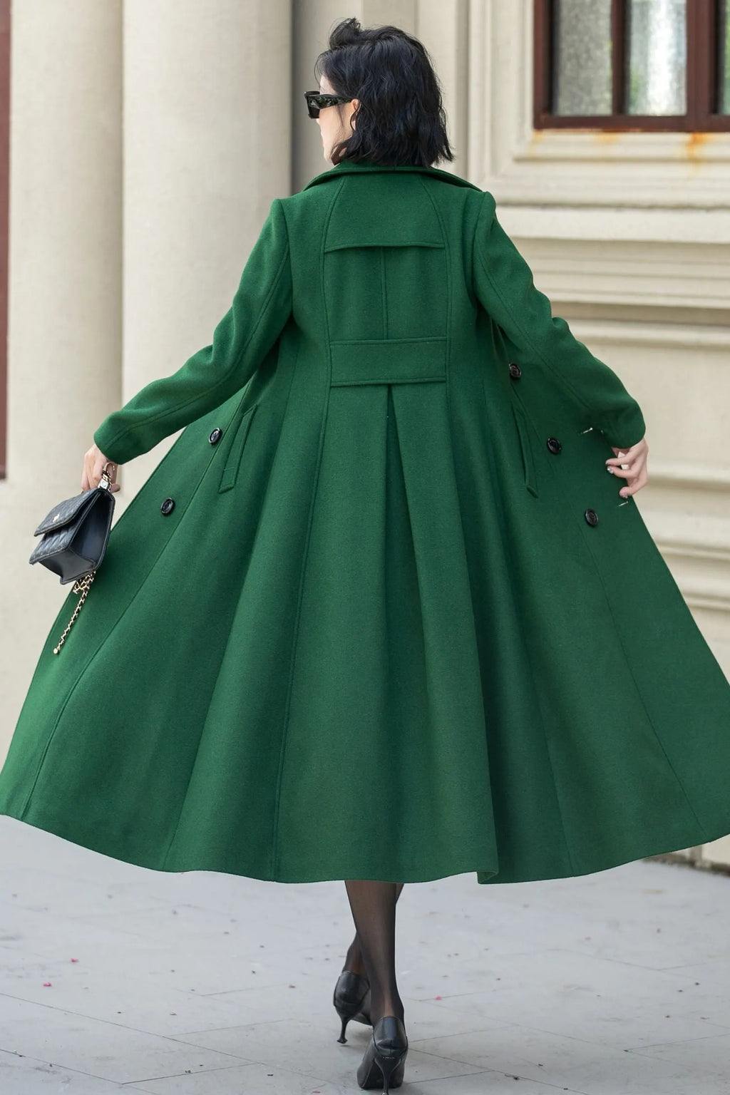 Green Wool Midi Coat - Double Breasted Tailored Fit 5349