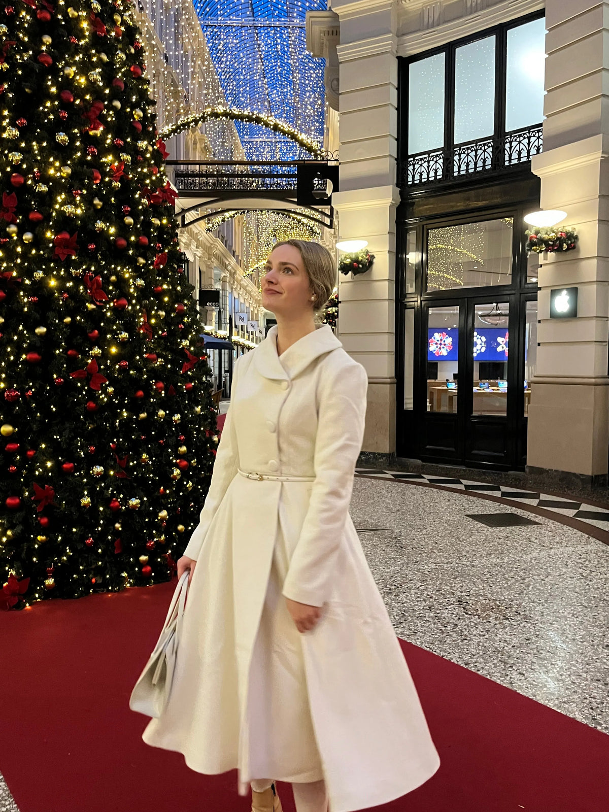 Vintage Inspired Wool Coat – White Winter Midi with Long Sleeves  4141