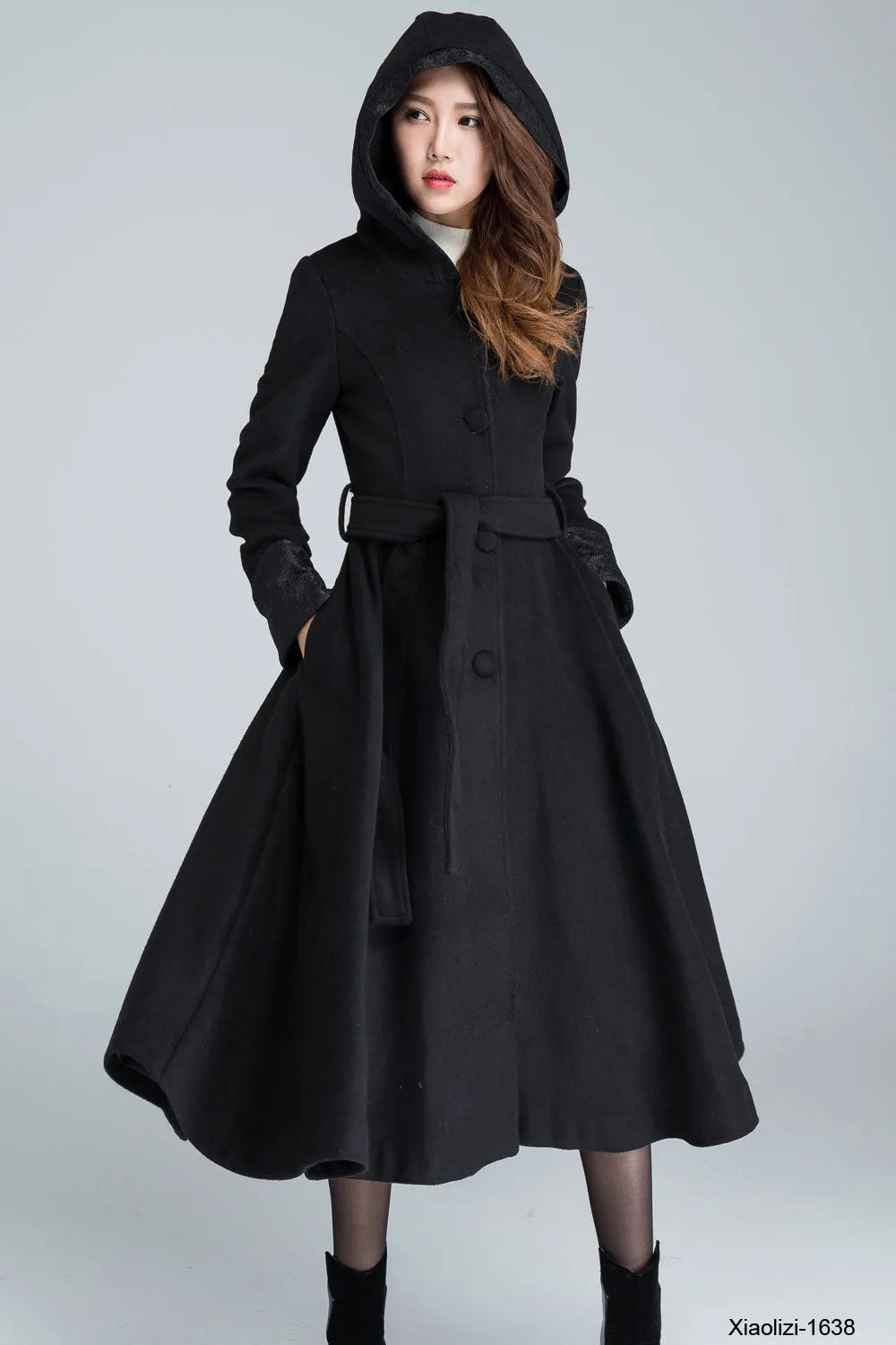 Xiaolizi Black Hooded Wool Coat for Women – Handmade Fit-and-Flare Winter Coat with Belt 1638