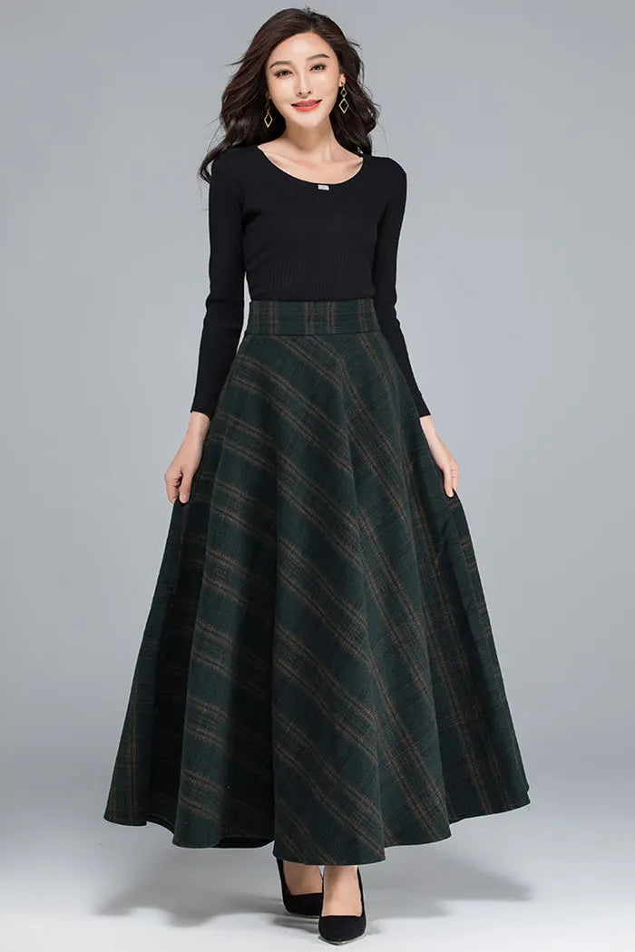 Plaid Wool A-Line Maxi Skirt - Elastic Waist, Side Pockets 3932
