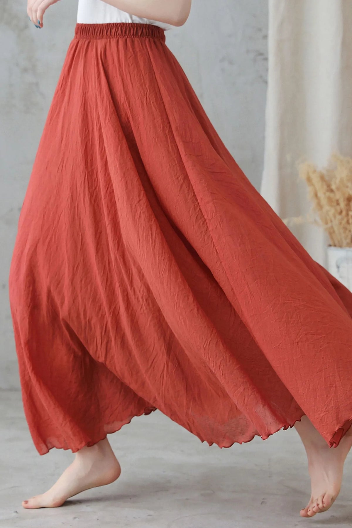Boho Linen Maxi Skirt, Pleated Elastic Waist 
