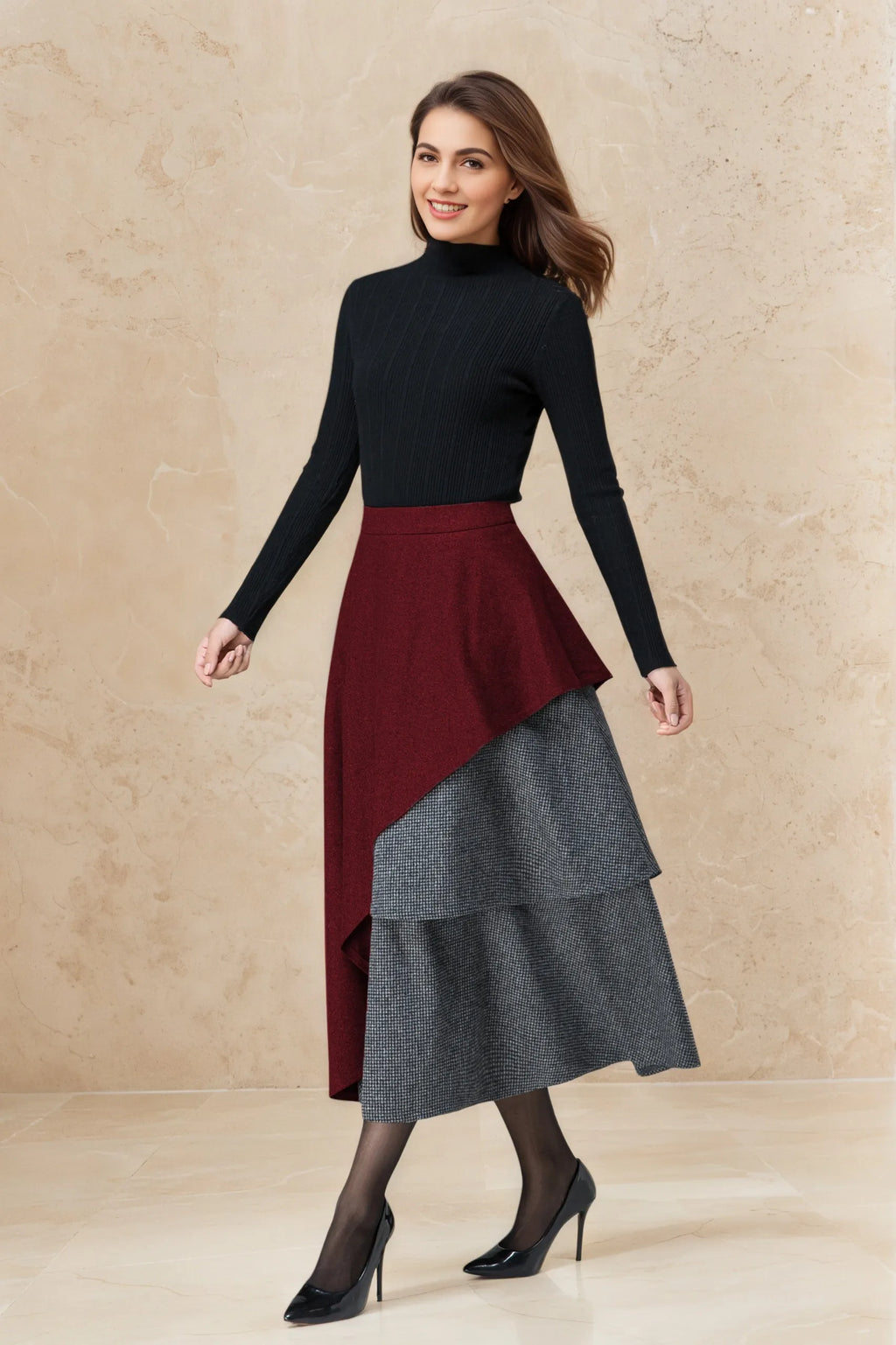 Dark Red Wool Maxi Skirt - Layered Houndstooth & Asymmetrical Hem 6516