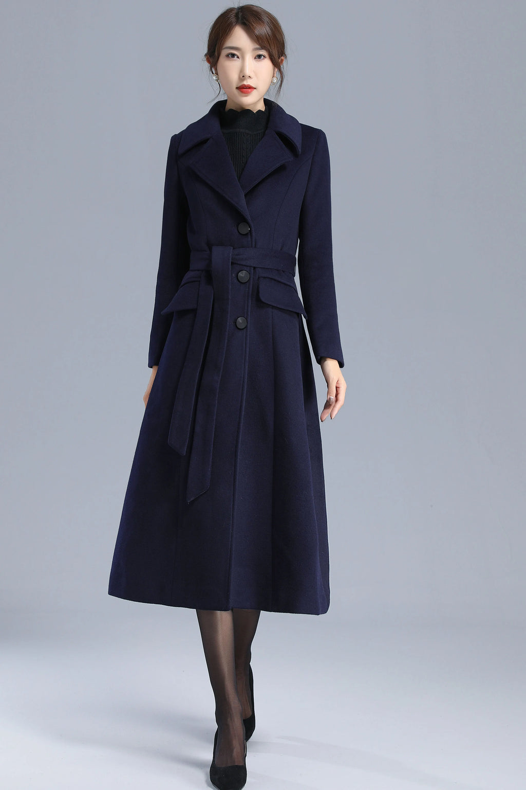 Navy Wool Coat - Single Breasted with Belted Waist 3205
