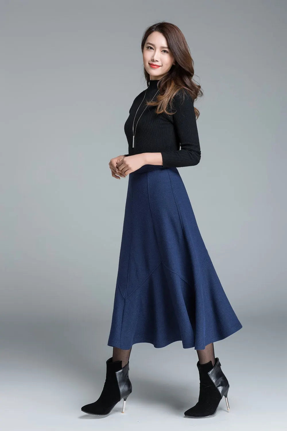 Handmade Navy Blue Wool Skirt – Elegant Winter Maxi Flared Skirt 