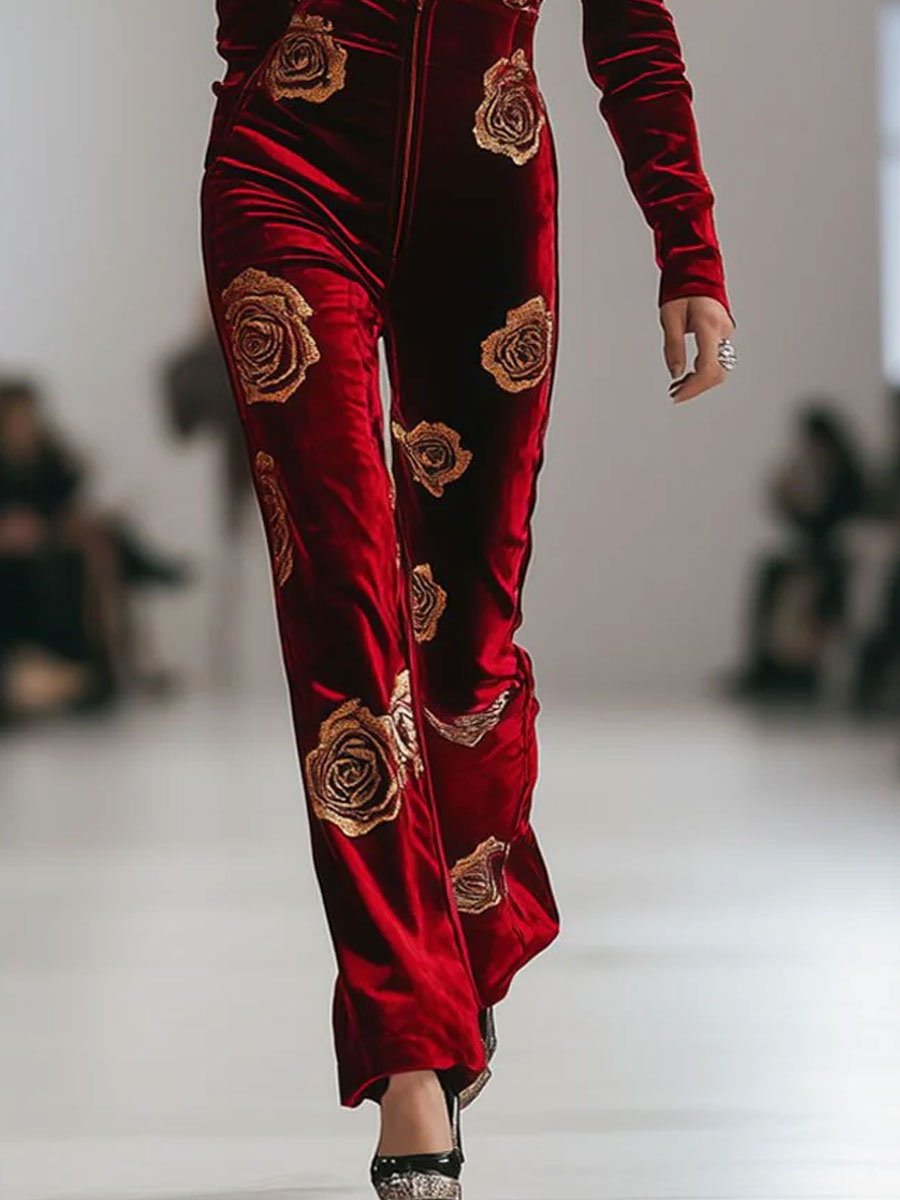 Casual Loose Retro Red Velvet Gold Rose Printed Zipper Long Sleeve Jumpsuit