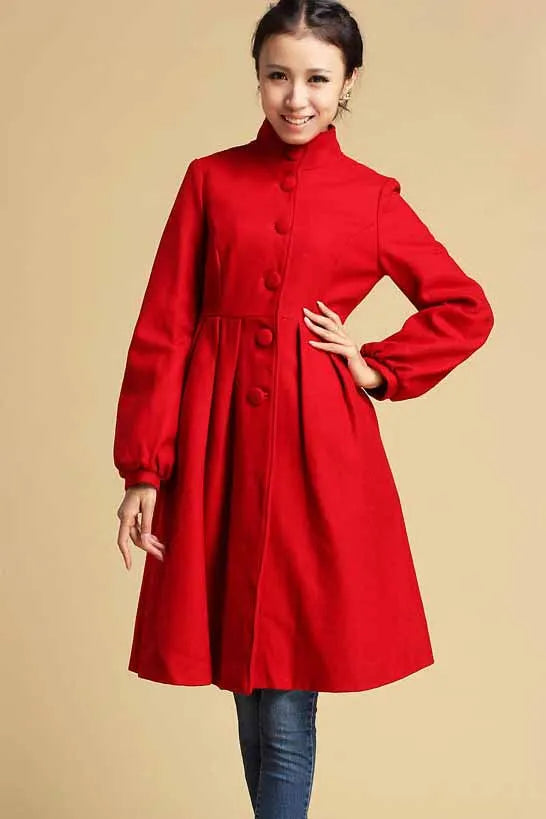 Red Wool Coat - Fit and Flare Winter Jacket with Button Front 328
