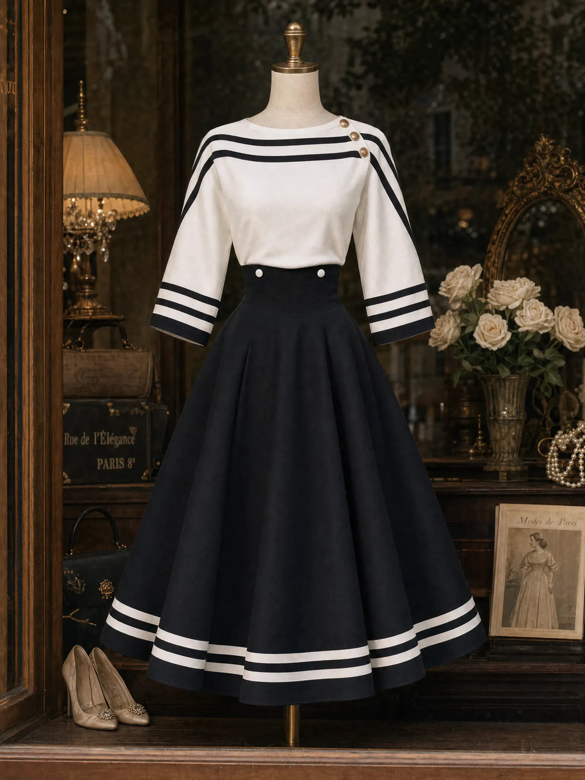 Vintage Color Contrast Striped Swing Skirt Two-piece Set