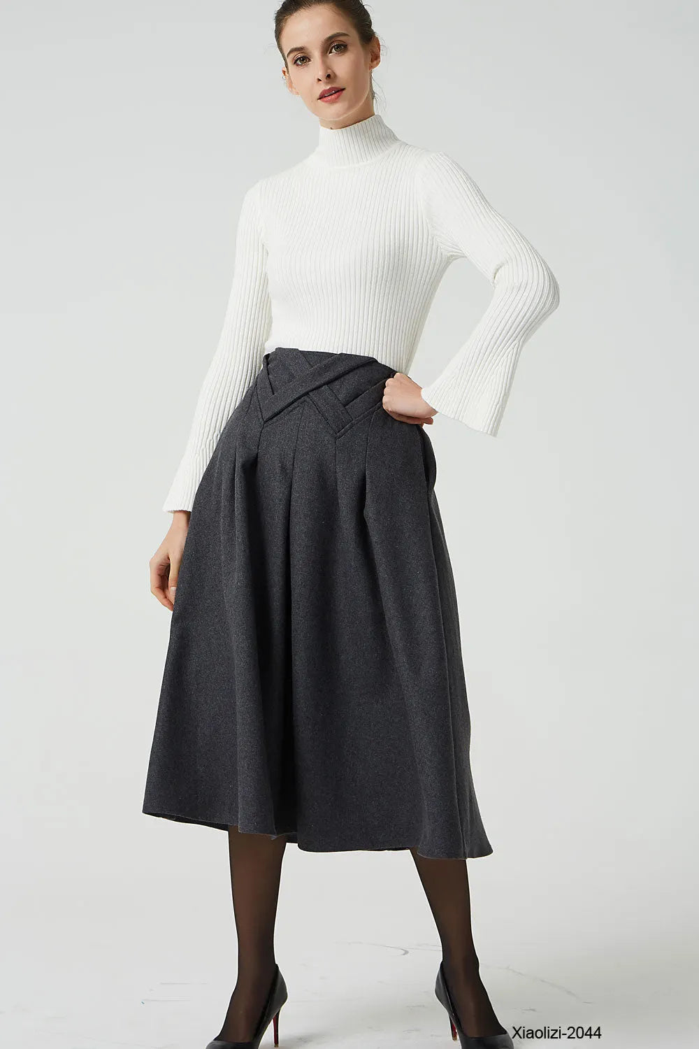 Gray Wool Midi Skirt - Pleated with Elastic Waist and Pockets 2044