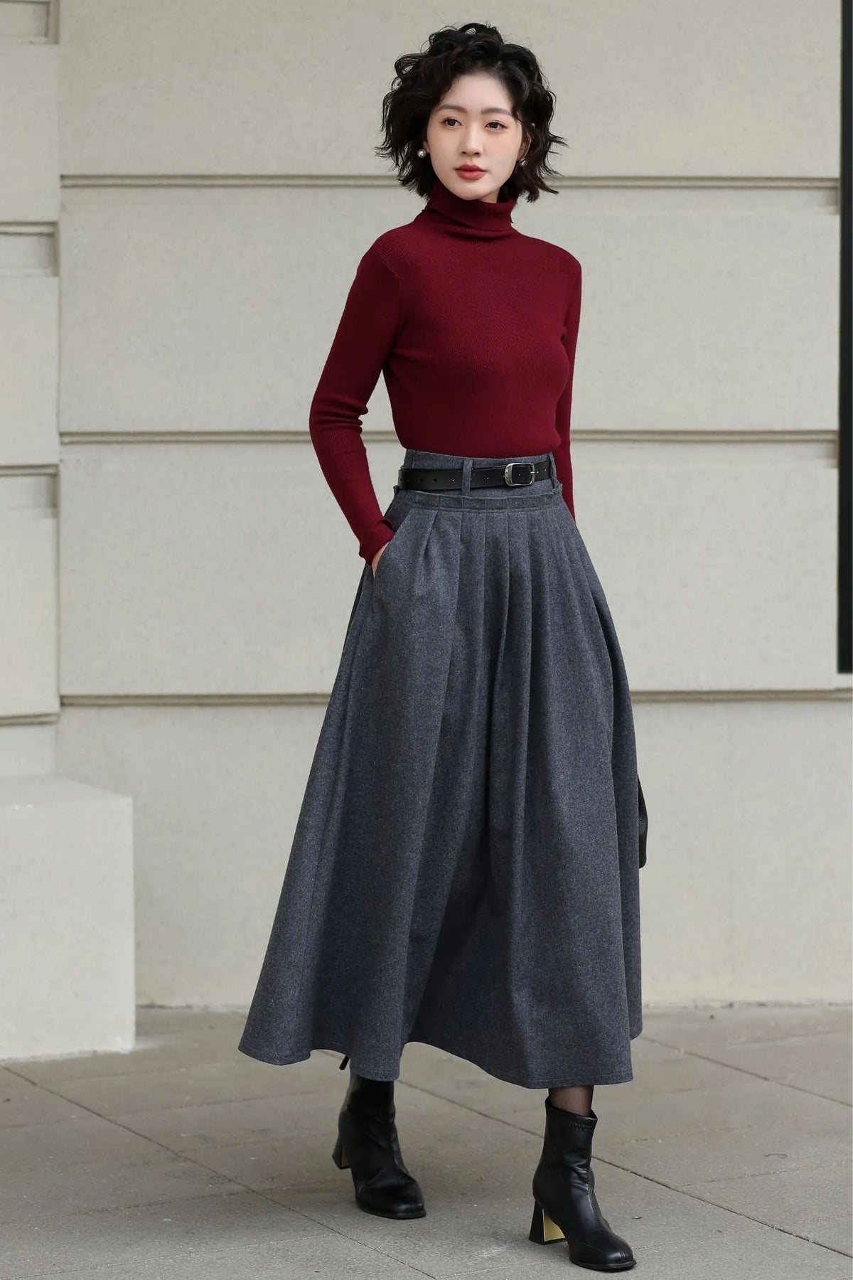 Handmade Vintage Wool Skirt – Gray Pleated A-Line Midi Skirt for Winter 6613