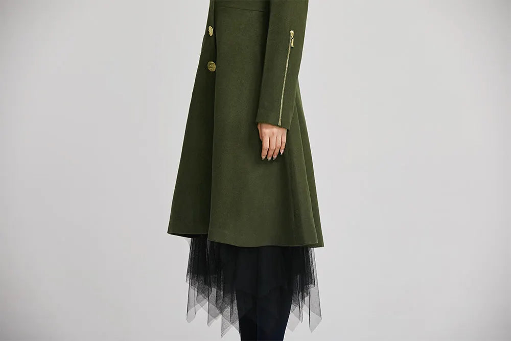 Elegant Green Wool Blend Coat – Tailored Midi Winter Coat with Zipper Details 