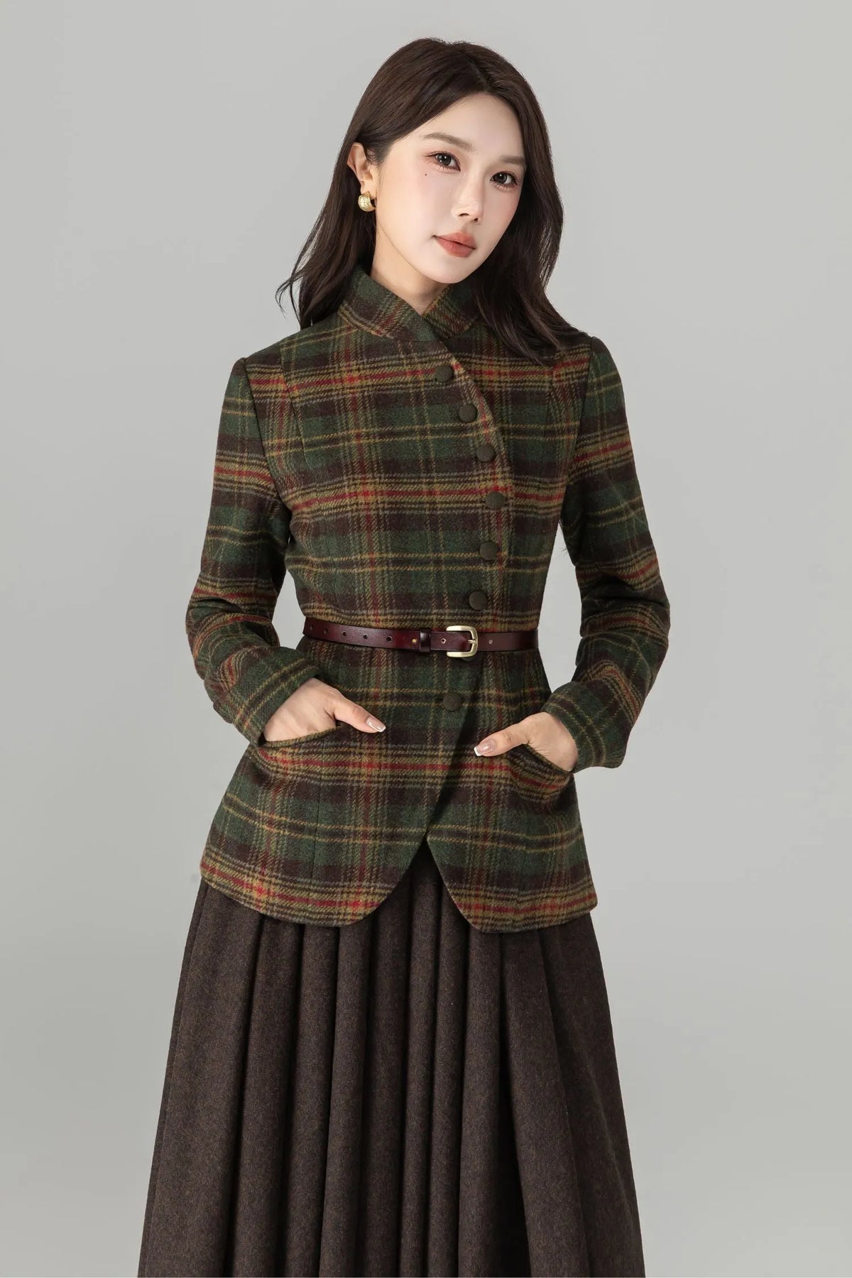 Army Green Wool Blend Plaid Top - Fit and Flare Button Front 6989