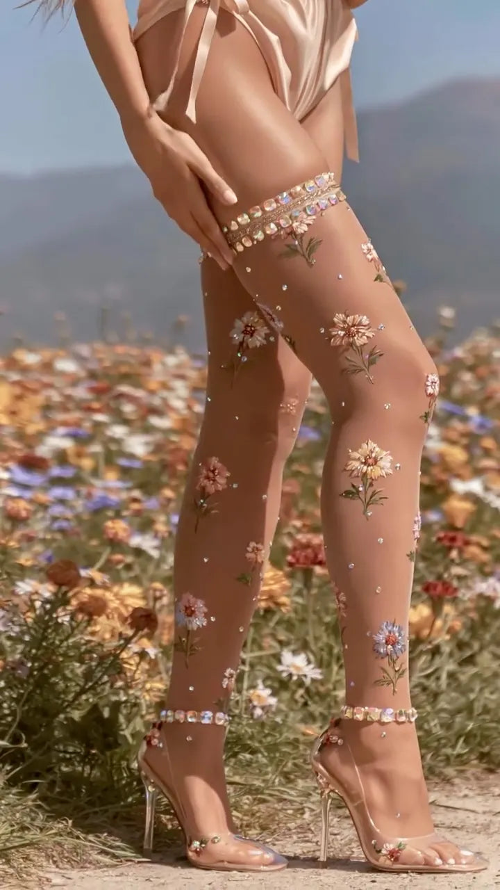 Floral Rhinestone Over‐the‐knee Socks 