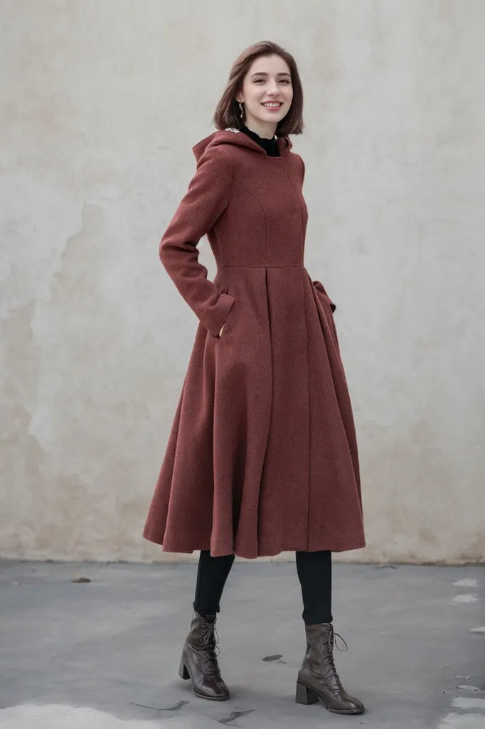 Rust Wool A Line Winter Coat - Hooded Swing Silhouette 5347