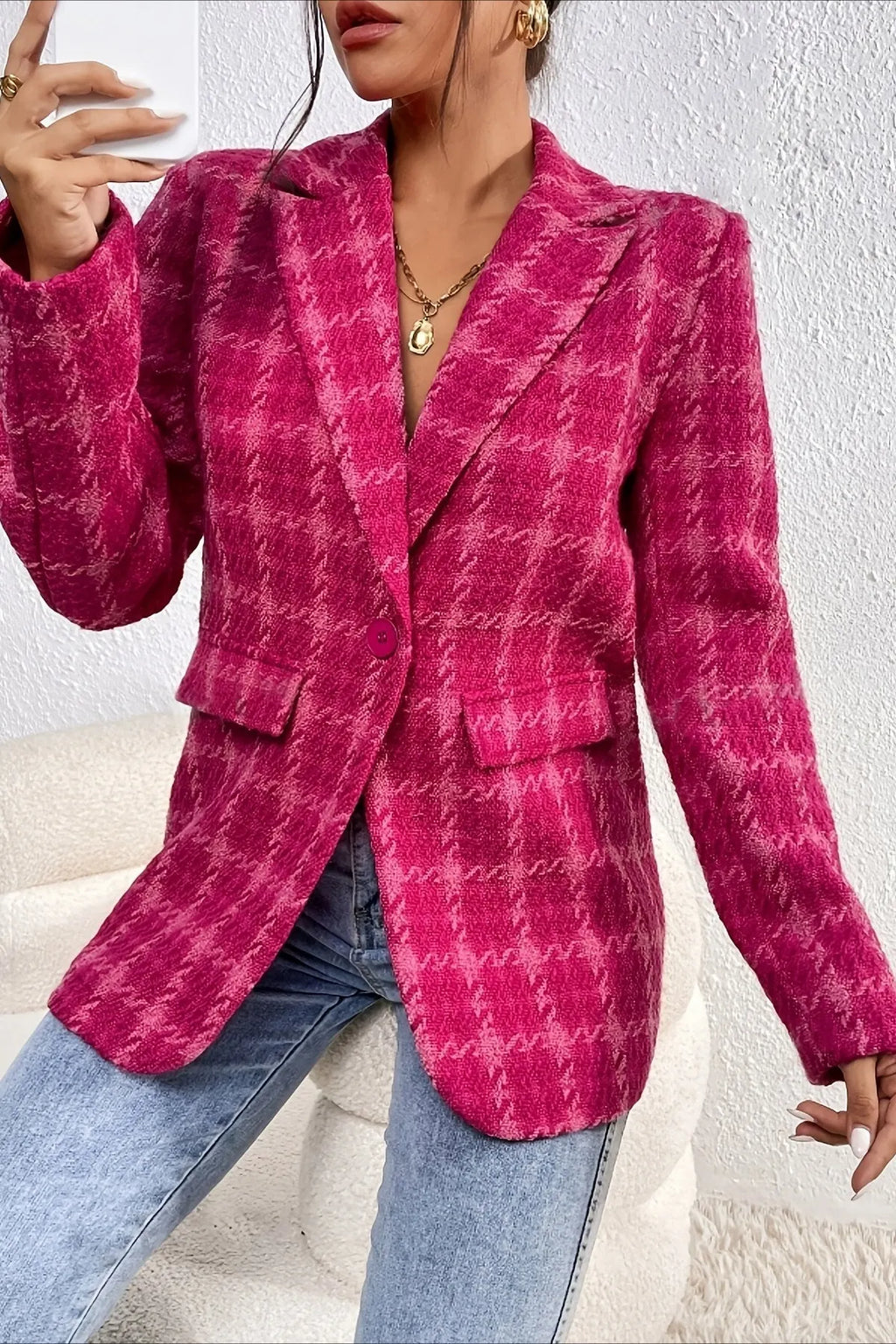 Red Plaid Elegant Blazer Coat