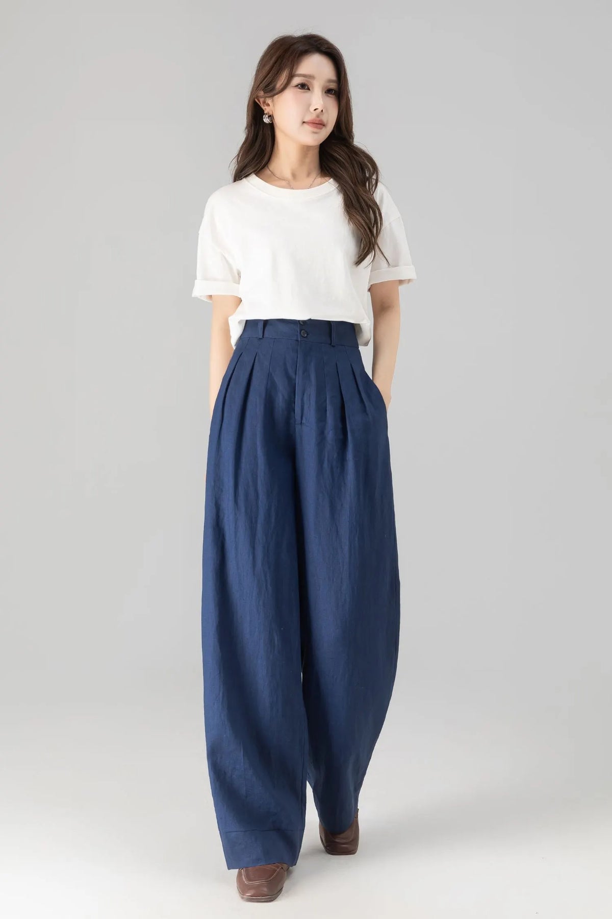 Blue Linen Cotton Wide Leg Pants - Palazzo High Rise 