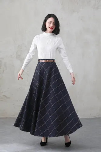 Blue Plaid Wool Blend A-Line Maxi Skirt - Vintage with Pockets 4001