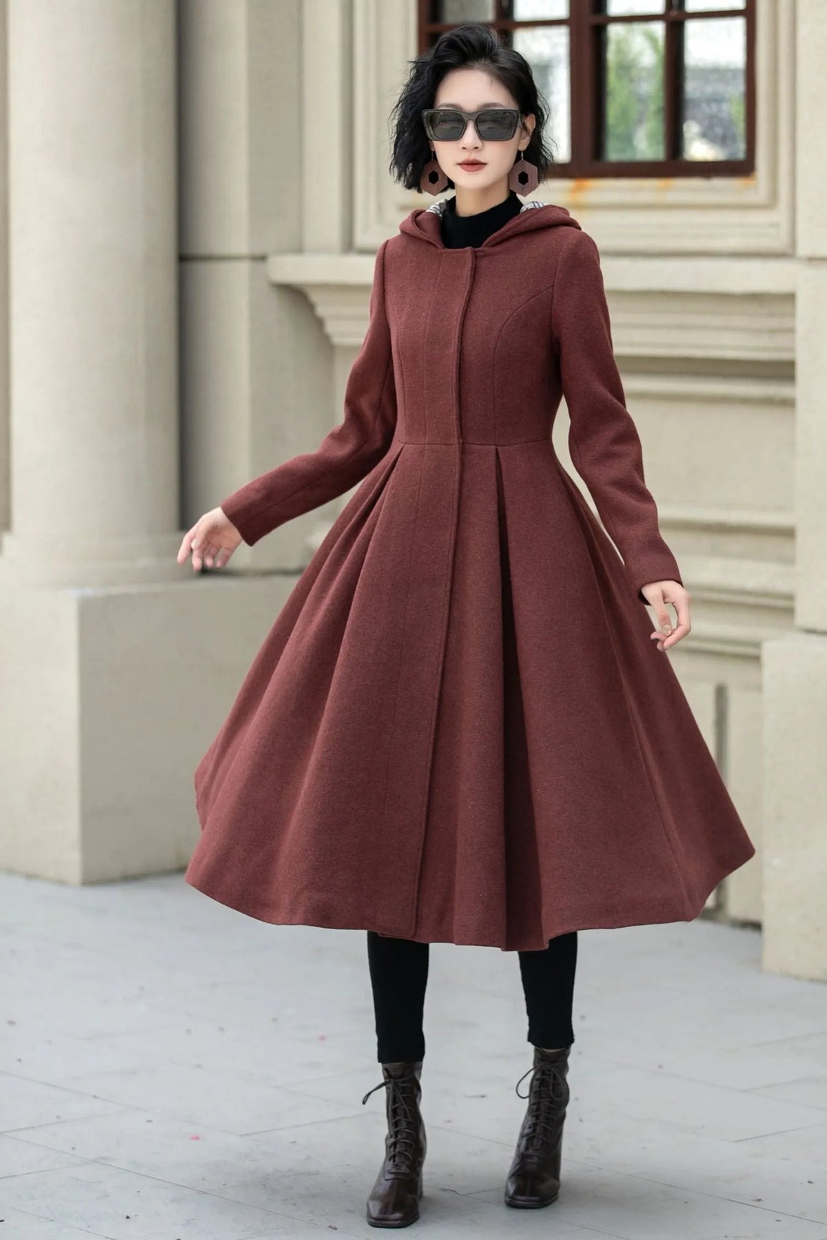 Rust Wool A Line Winter Coat - Hooded Swing Silhouette 5347