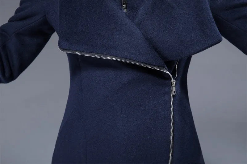 Navy Wool Coat - Asymmetrical Hem and Cowl Neck 1817