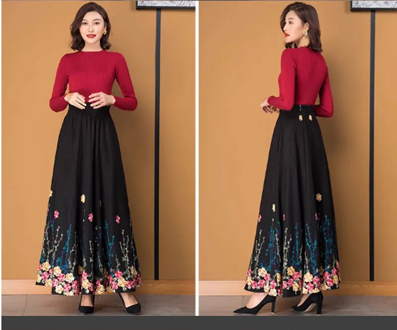 Black Wool Maxi Skirt - Embroidered A-Line with Elastic Waist 4768