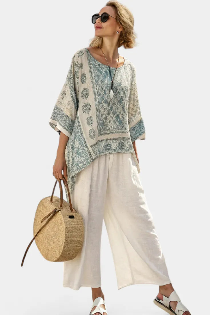 Quinley | Comfortable Printed Blouse & Wide-Leg White Pants