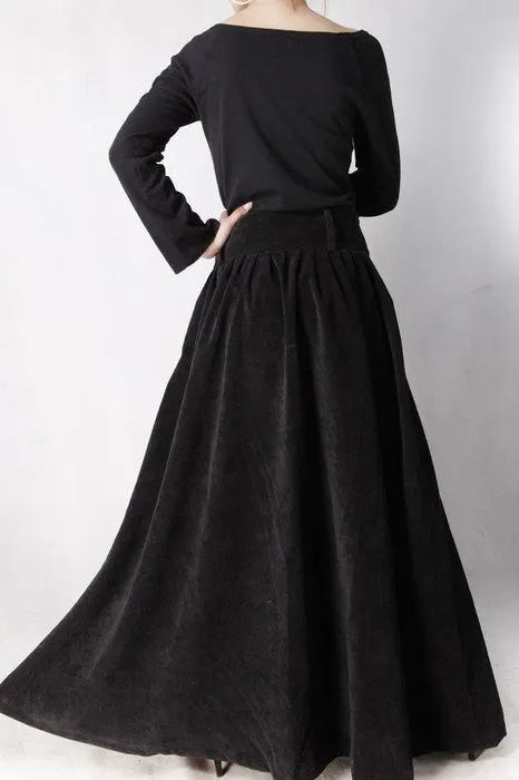 Black Corduroy Maxi Skirt - Pleated Waist, Ankle Length MM35