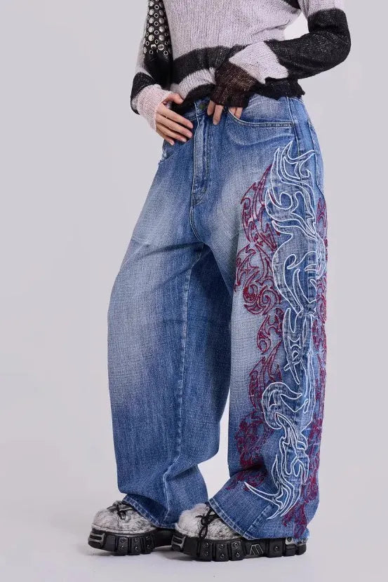 Y2K Embroidered Wide Jeans