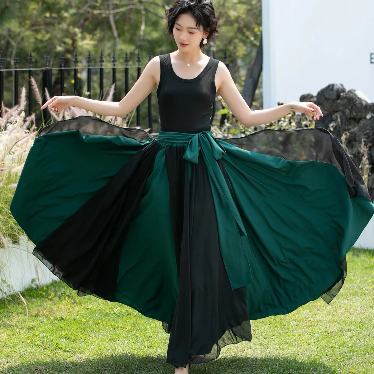 Black and Emerald Green Chiffon Maxi Skirt 