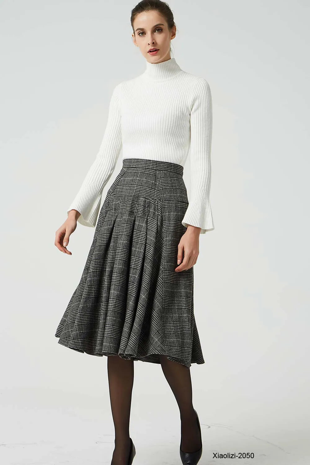 Grey Wool Pleated Knee Length Skirt - Retro A-Line Silhouette 2050