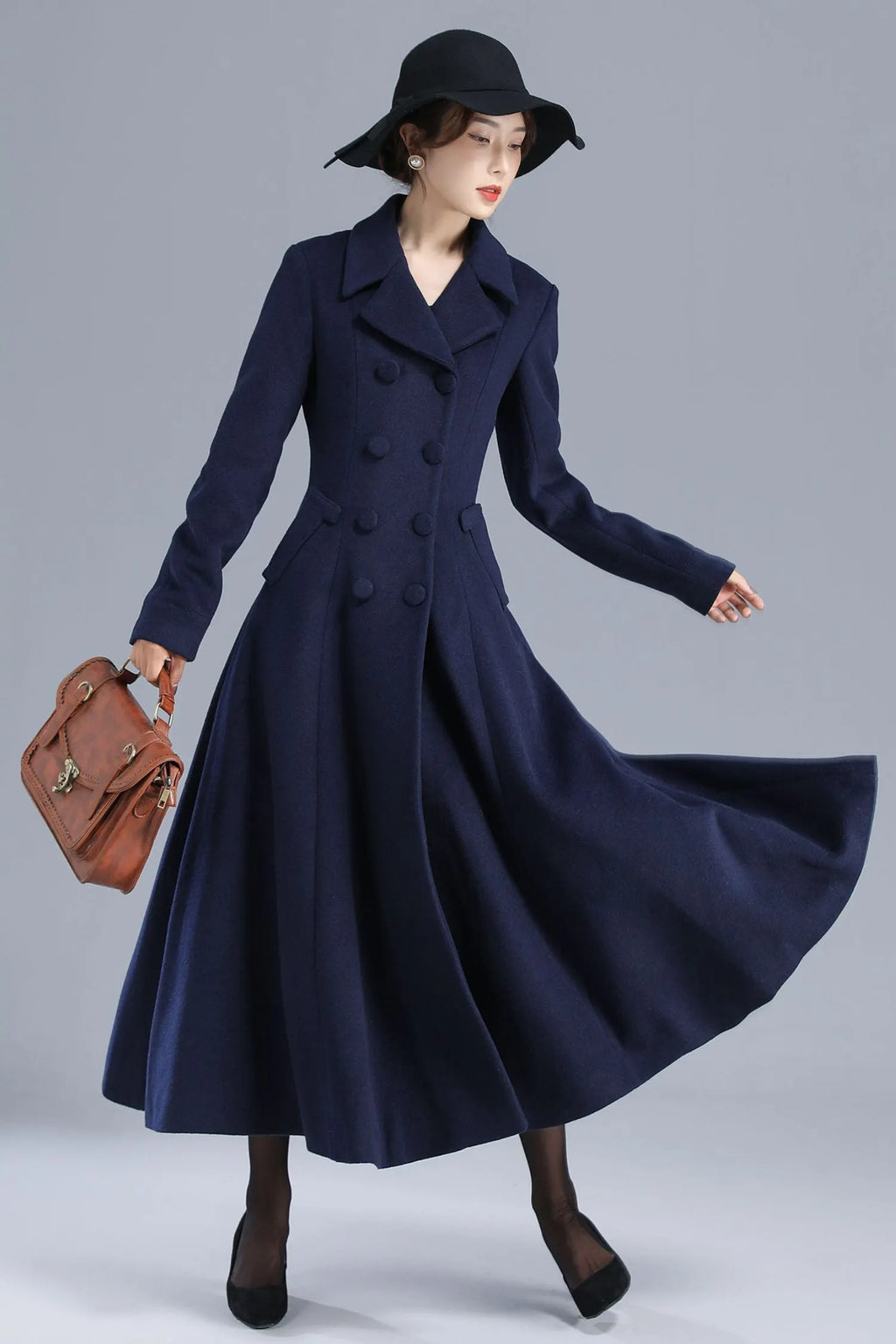 Navy Blue Wool Coat – Elegant Double-Breasted Fit and Flare Long Winter Overcoat 3208