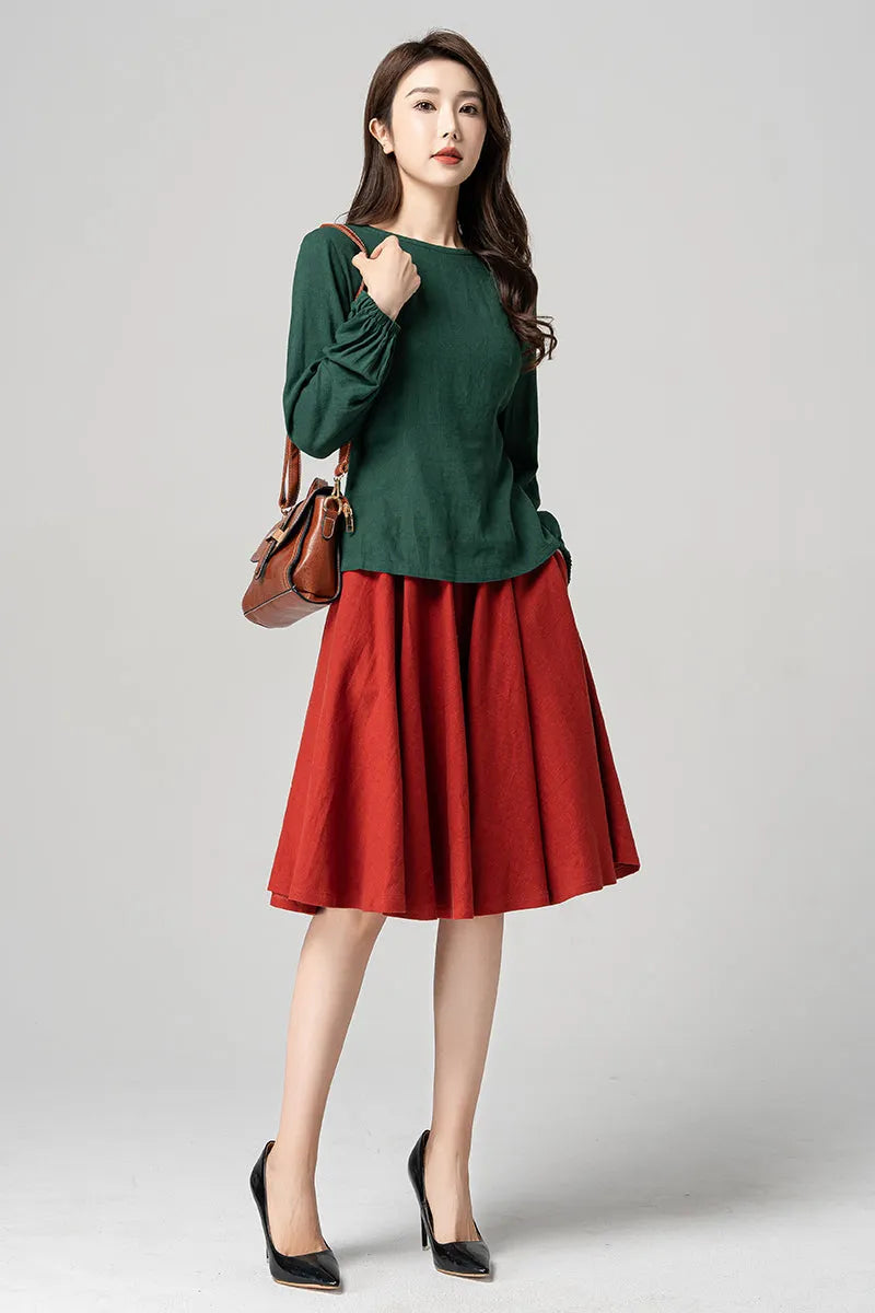 Green Linen Blouse - Lantern Sleeve Relaxed Fit 4183