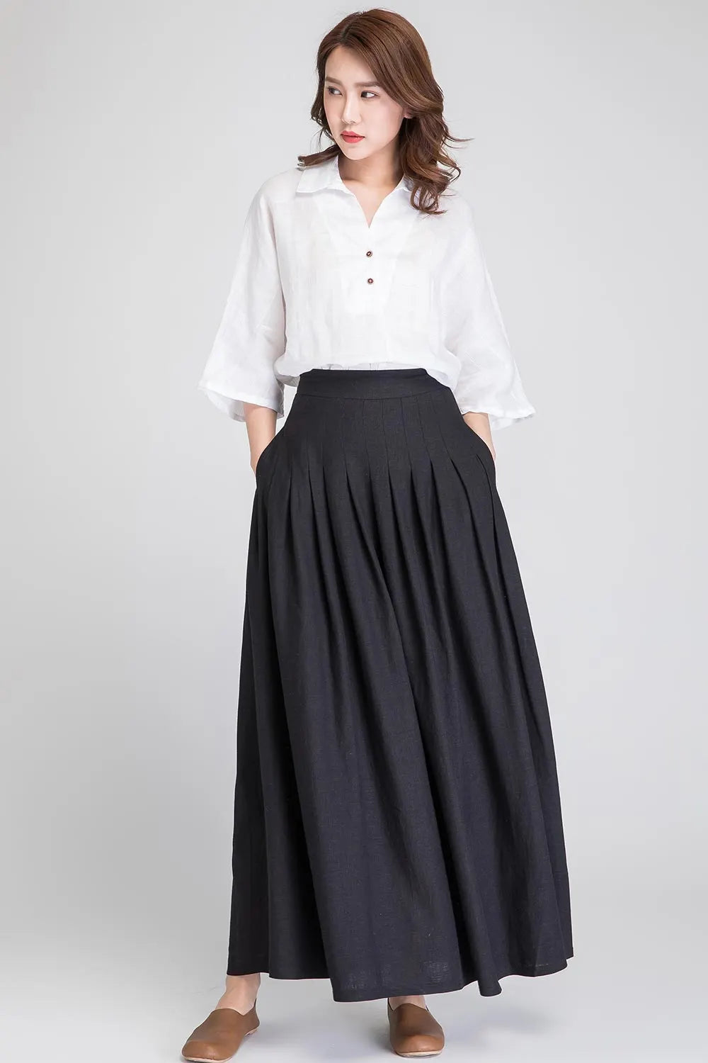 Black Linen Maxi Skirt - High-Waisted Pleated A-Line Skirt 1890