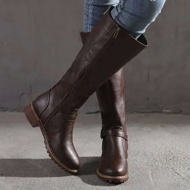 Women's Classic Buckle Knee-High Boots – Leather, Casual for Everyday Wear