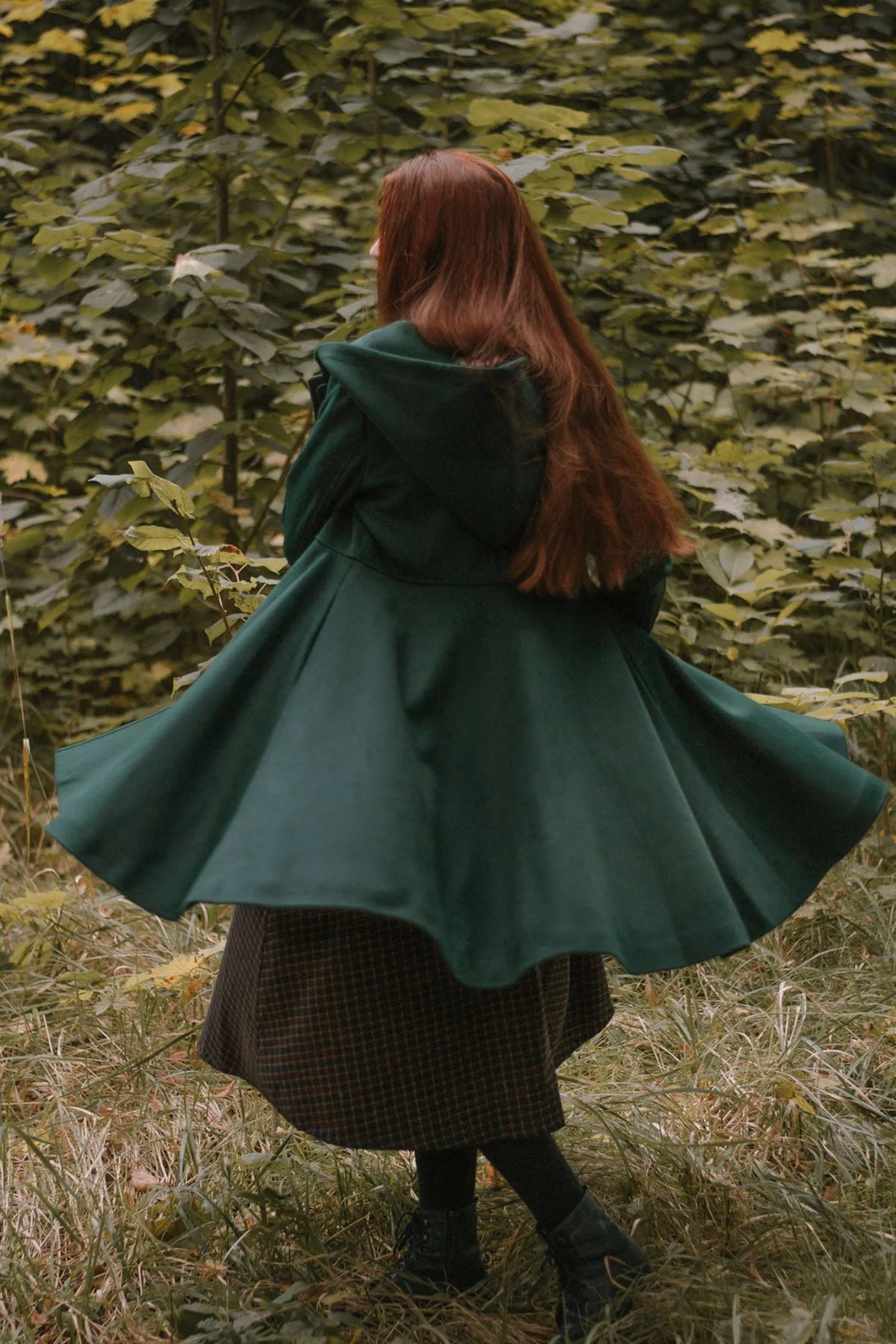 Army Green Wool Coat - Hooded Fit and Flare Knee-Length 3172