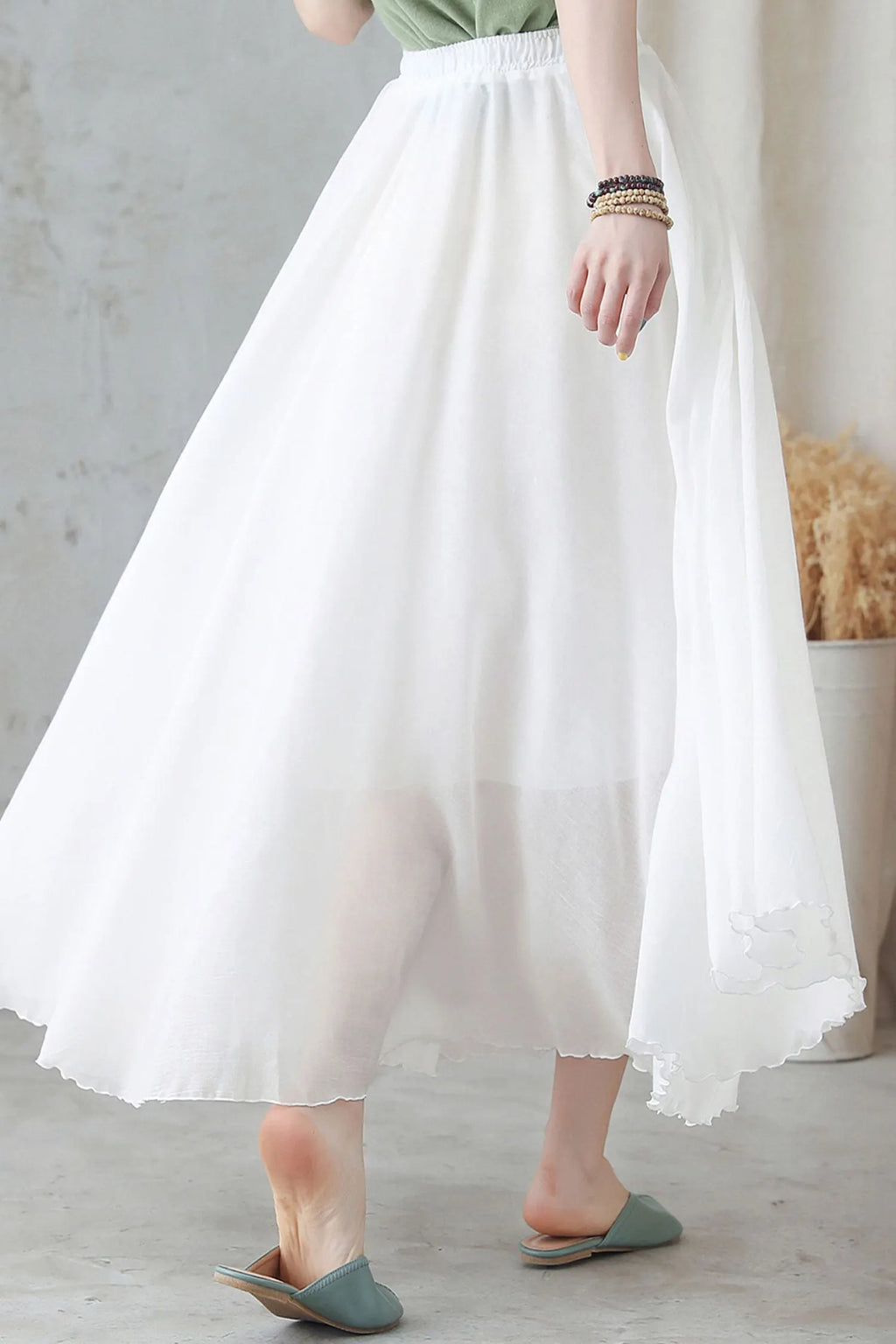 White Linen Maxi Swing Skirt, Pleated Elastic Waist 