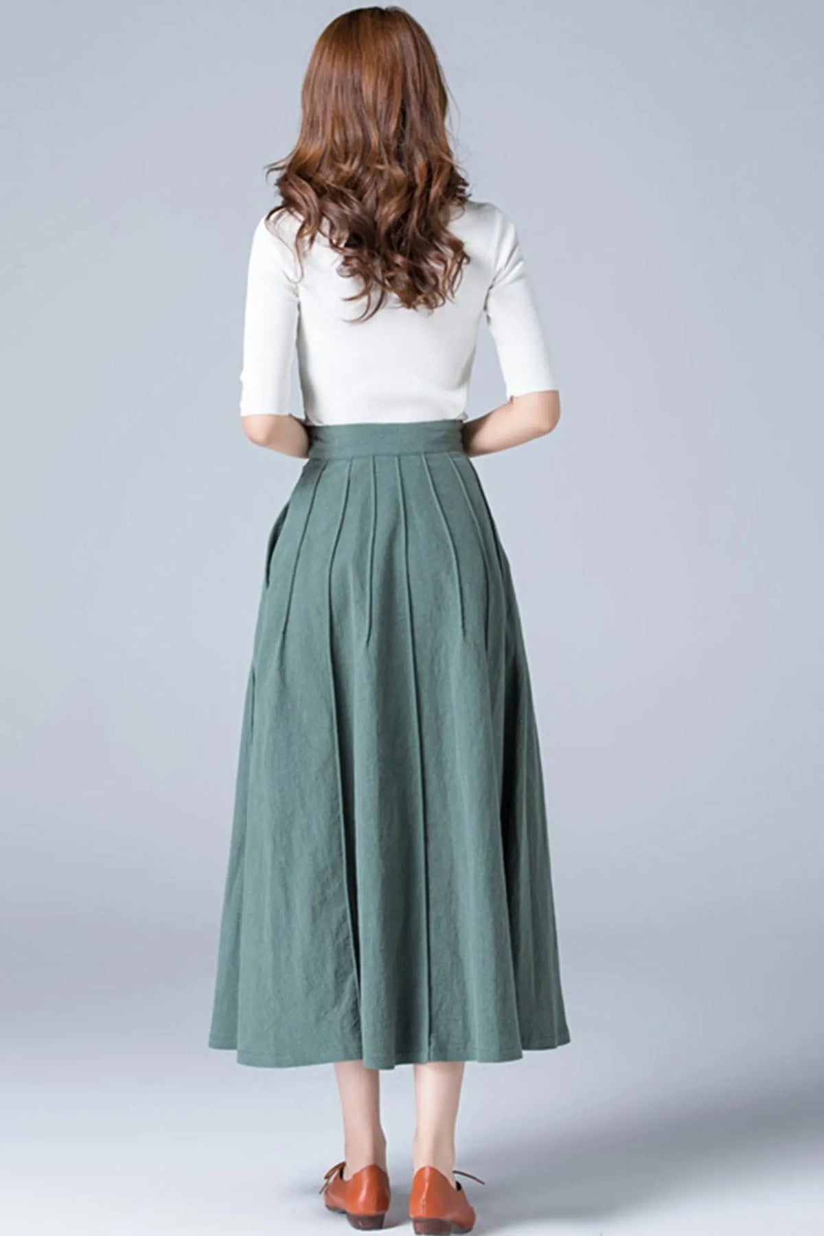 Green Linen Maxi Skirt - A-Line with Button Detail 1775