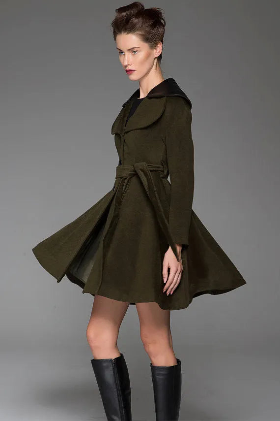Vintage Wool Coat for Women – Handmade Olive Green Short Belted Winter Coat with Leather Lapel 