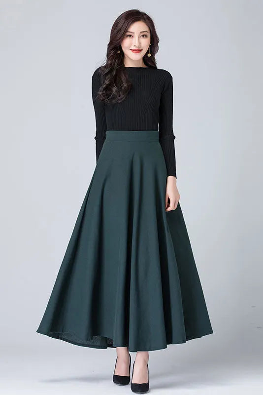 Dark Green Linen A-Line Maxi Skirt - High Waist with Side Pockets 4114