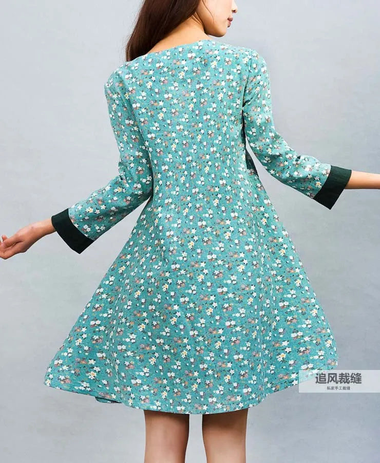 Handmade Green Floral Linen Shirt Dress – Loose Long Top with Buttons 