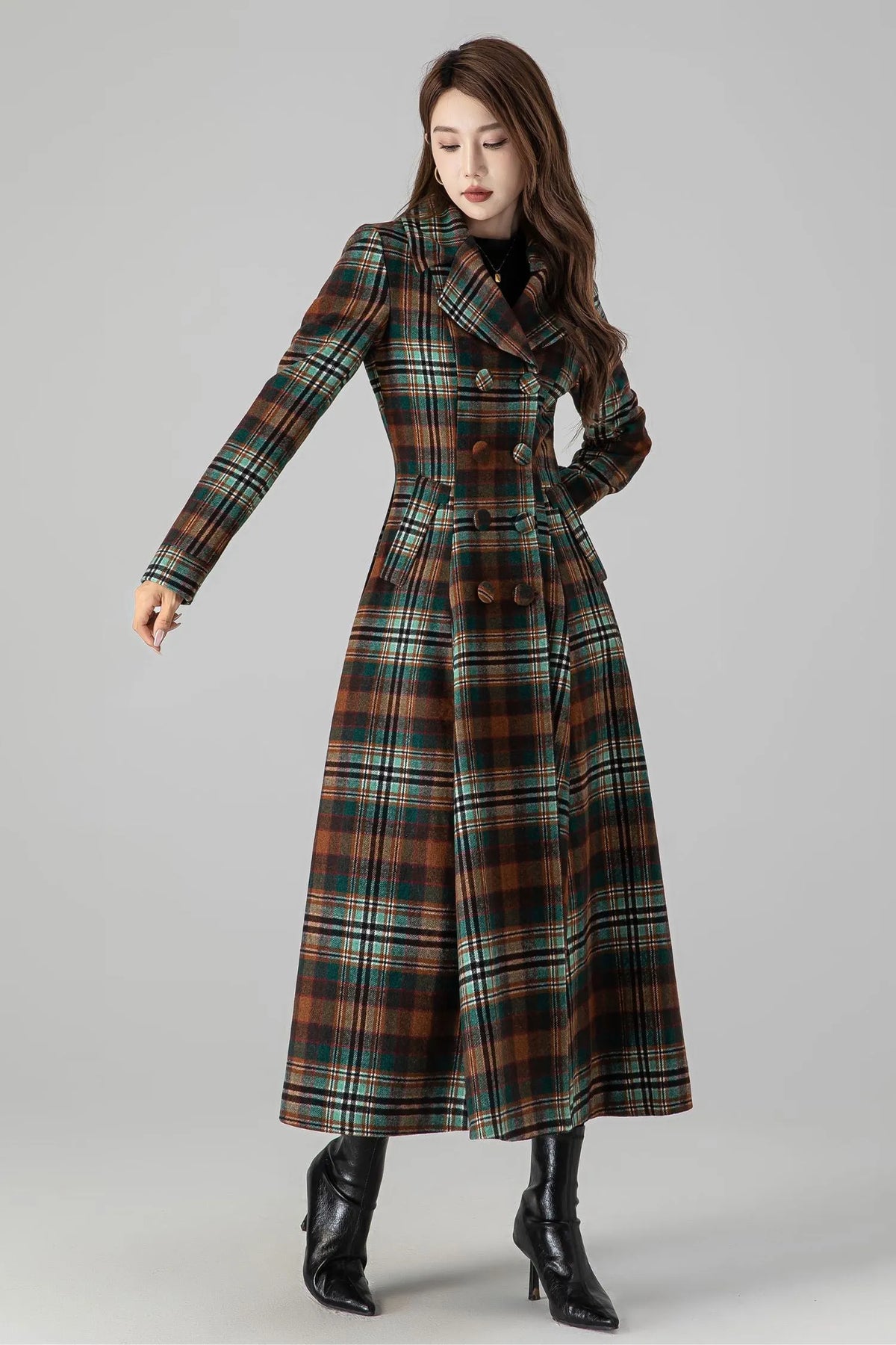 Brown Wool Fit-and-Flare Long Coat - Double-Breasted Plaid 4510