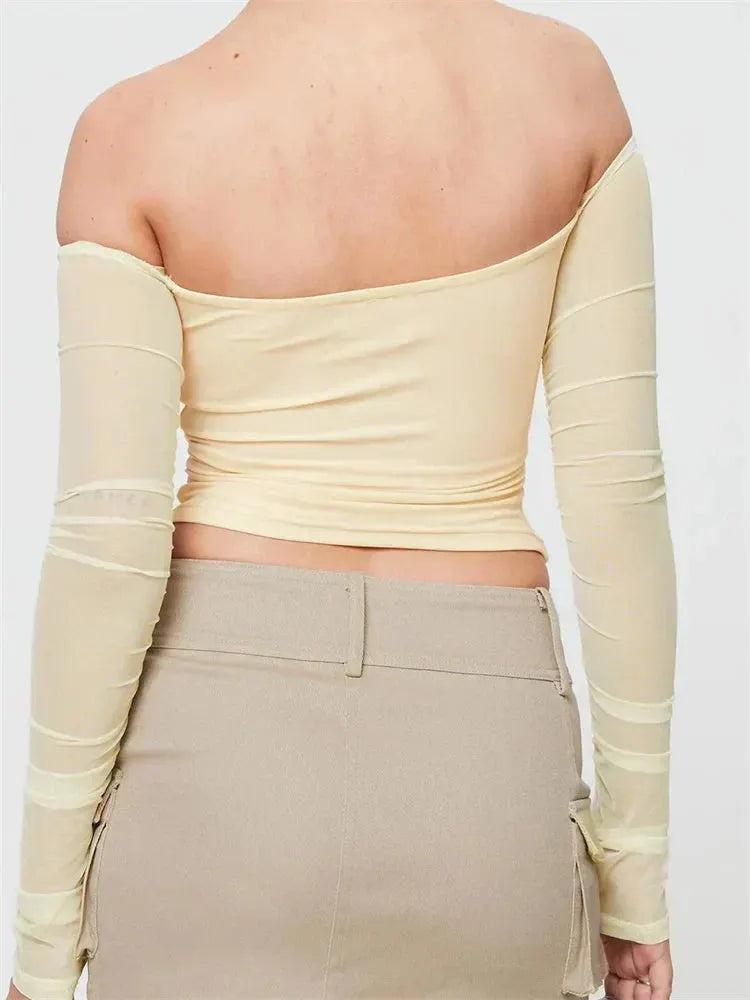 Slash Neck Off Shoulder Mesh See Through Long SleeveT-shirts