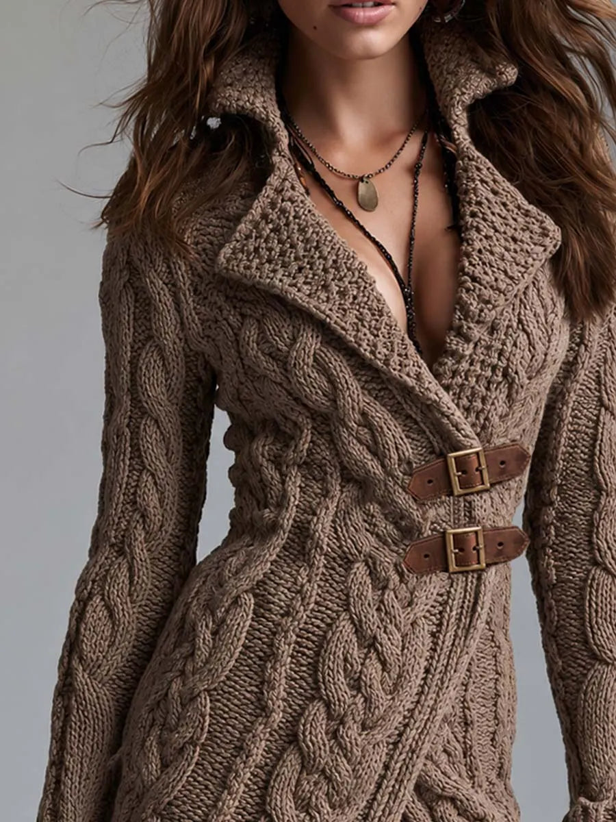 Asymmetric Placket With Leather Buckle Knit Jacket