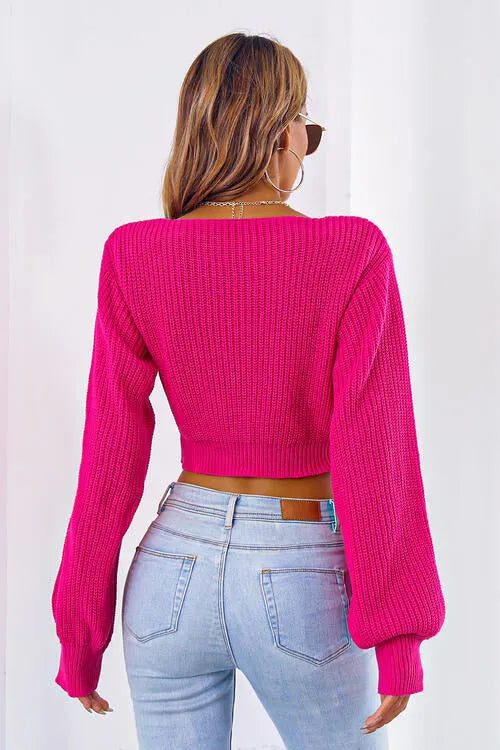 Long Cropped V-Neck Arm Sweater