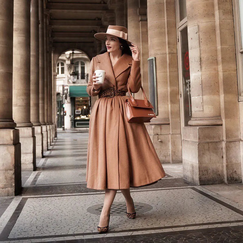 Elegant Camel Wool Blend Coat – Handmade Fit & Flare Midi Winter Coat 
