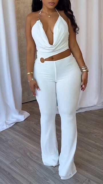 Ladies' Neck Hanging Spliced Hollow Slim Fit Casual Jumpsuit