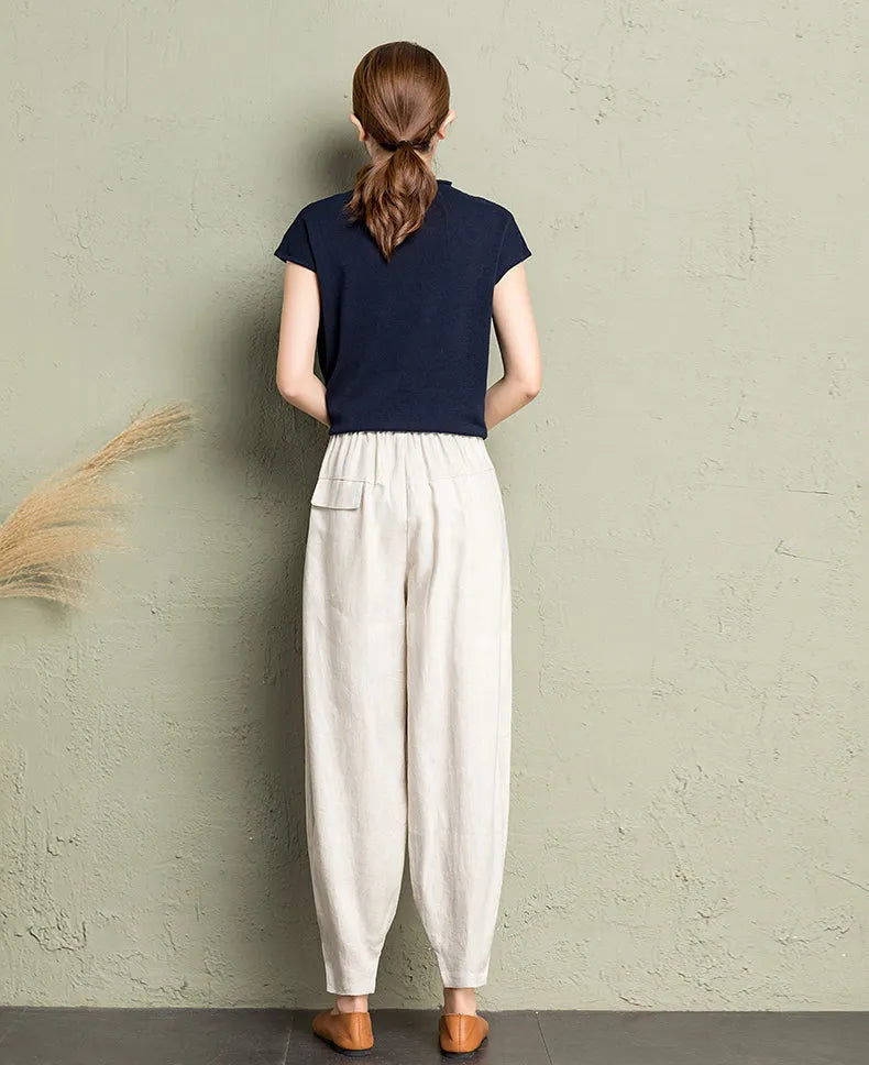 Rust Red Linen Cotton Wide Leg Pants - Back Elastic Waist Comfort 2607